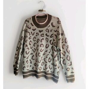 Leopard Print Chunky Knit Slouchy Boxy Mockneck Sweater Brown Pink Womens Sz XL